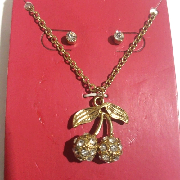 Gold-tone Cherry Pendant Necklace & Crystal Stud Earrings – Women's Jewelry - Picture 3 of 8